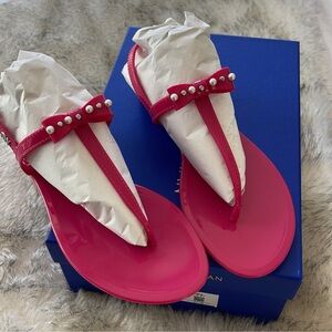 Stuart Weitzman Vibrant Pink Sandals with Pearl Bow